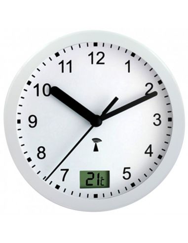 Horloge Ø 170 mm - Etanche IP54 - Thermomètre - Sur pile - ABS blanc