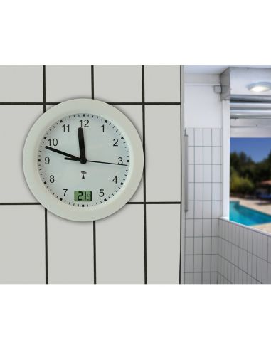 Horloge Ø 170 mm - Etanche IP54 - Thermomètre - Sur pile - ABS blanc