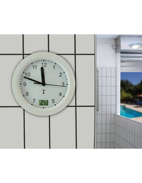 Horloge Ø 170 mm - Etanche IP54 - Thermomètre - Sur pile - ABS blanc