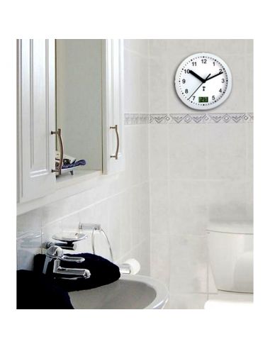 Horloge Ø 170 mm - Etanche IP54 - Thermomètre - Sur pile - ABS blanc