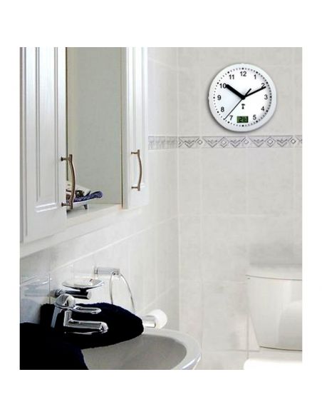 Horloge Ø 170 mm - Etanche IP54 - Thermomètre - Sur pile - ABS blanc