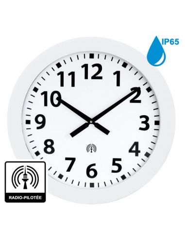 Horloge Ø 600 mm - Verre minéral - Sur pile - ABS blanc - Etanche IP65 - Radio-pilotée