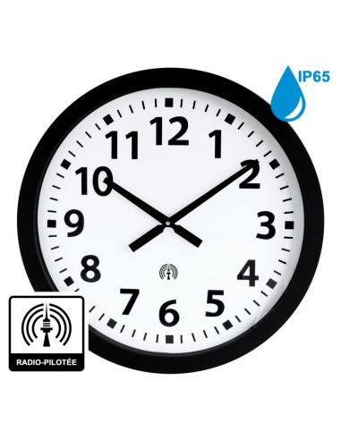 Horloge Ø 600 mm - Verre minéral - Sur Pile - ABS noir - Etanche IP65 - Radio-pilotée