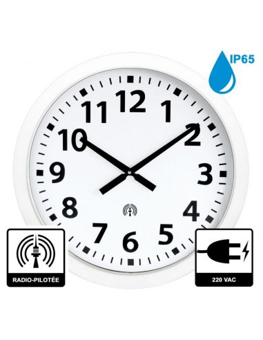 Horloge Ø 600 mm - Verre minéral - Sur secteur - ABS blanc - Etanche IP65 - Radio-pilotée