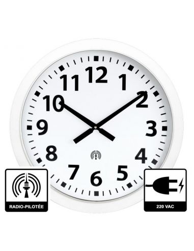 Horloge Ø 600 mm - Verre minéral - Sur secteur - ABS blanc - Radio-pilotée