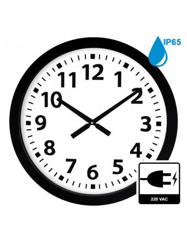 Horloge Ø 600 mm - Verre minéral - Sur secteur - ABS noir - Etanche IP65