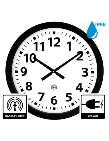 Horloge Ø 600 mm - Verre minéral - Sur secteur - ABS noir - Etanche IP65 - Radio-pilotée