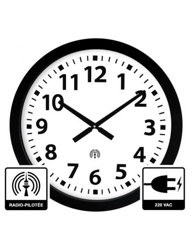Horloge Ø 600 mm - Verre minéral - Sur secteur - ABS noir - Radio-pilotée
