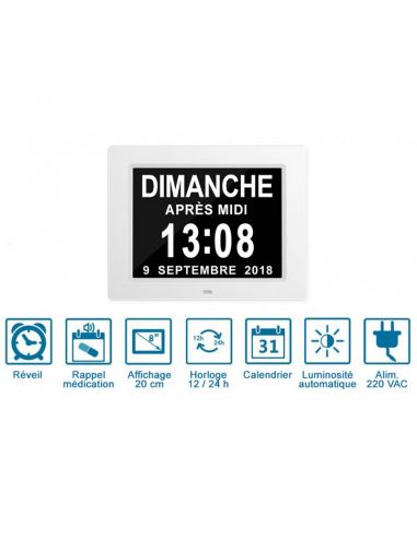 Horloge / Calendrier / Messages - Jour et mois en toutes lettres - Indication Matin, Midi, Soir et Nuit